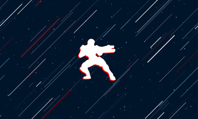 Poster - Large white combat robot framed in red in the center. The effect of flying through the stars. Vector illustration on a dark blue background with stars and slanted lines