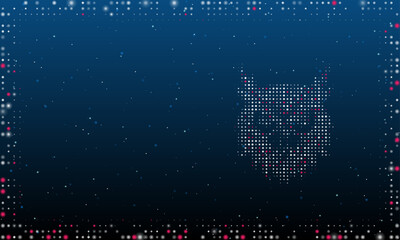 Poster - On the right is the owl head symbol filled with white dots. Pointillism style. Abstract futuristic frame of dots and circles. Some dots is pink. Vector illustration on blue background with stars