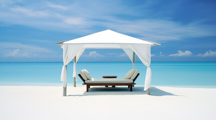 Canvas Print - chairs on the beach, Asecluded beach cradles thewhite sand, its edges caressed by theturquoise sea. Above, theblue sky hosts a ballet ofclouds, framing theMaldivian island like a postcard. 