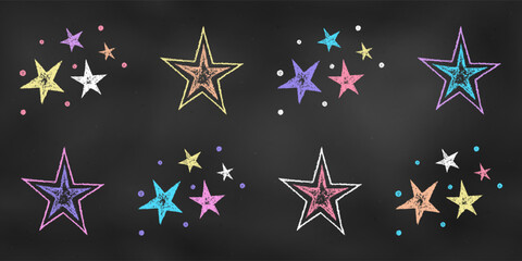 Wall Mural - Chalk Drawn Sketch. Set of Design Elements Colorful Combinations of Stars Isolated on Chalkboard Backdrop.