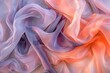 A background of crumpled delicate transparent fabric in warm pastel-colored blue, orange, and violet shades, gathered in waves. A sense of calm and elegance. elegant design.Ultra-wide panoramic banner