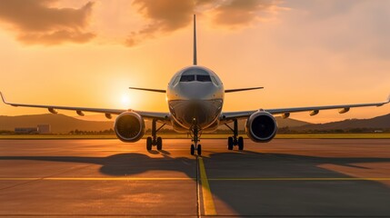 A commercial jet airplane parked on the tarmac at an airport with a beautiful sunset and hills in the background