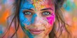 Young millennial Woman with colorful paint on her face - flirty and friendly having fun