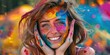 Young millennial Woman with colorful paint on her face - flirty and friendly having fun