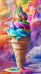 Wall Mural - softserve icecream with rainbow colored swirls, illustration made with generative AI