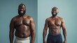 Comparative before and after, diet and exercise of an adult black man, on a split screen.