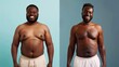 © MiguelAngel - Comparative before and after, diet and exercise of an adult black man, on a split screen.