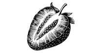 Vector Vintage Illustration Of Half Of Strawberry. Fruit Logo Hand Drawn Sketch. Black Line Art On White Background.