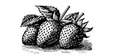 Fototapeta Dziecięca - Vintage strawberry illustration: Hand-drawn sketch of 3 cute fruits on a table. Vector art in black and white with botanical details and textured patterns