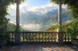 A beautiful view of mountains with a stone railing and potted plants