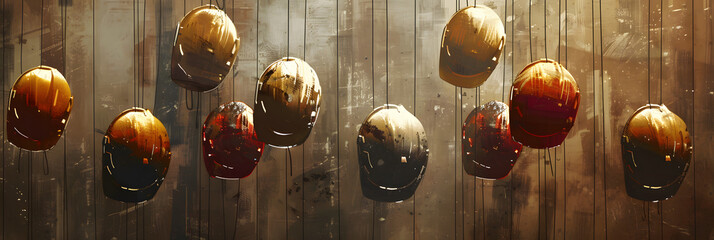 Wall Mural - a wall of many construction helmets hanging