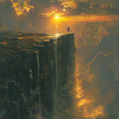 Wall Mural - A lone figure stands at the edge of a vast, mist-covered valley.