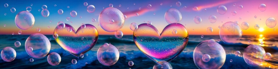 Wall Mural - Abstract midsummer colorful illustration transparent heart shaped soap bubbles flying on sea sunset background. Background for banner, poster, website header, space for text.	