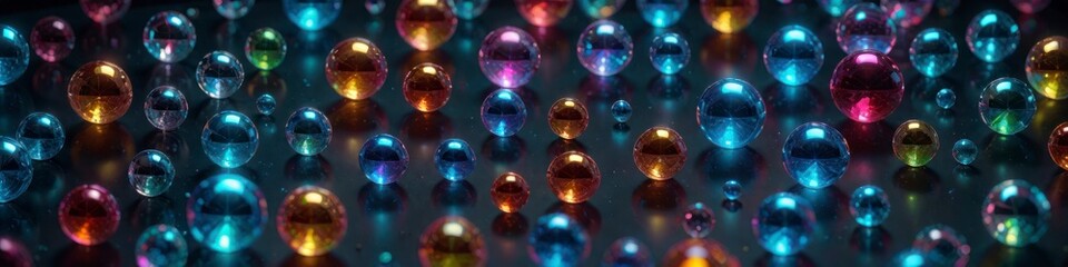 Wall Mural - Abstract illustration glass bubbles balloons in holographic turquoise golden colors on dark background, background for social media banner design, website, space for text.	