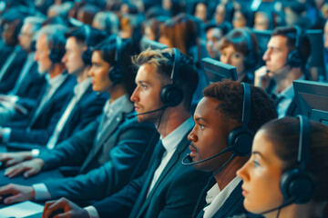 Group of diverse business people wearing headset working at call center. Large group of telephone workers or operators working in row at busy office