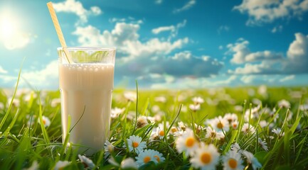 Poster - A glass of milk is sitting on a grassy field with a straw in it. The scene is peaceful and serene, with the sun shining down on the grass and flowers