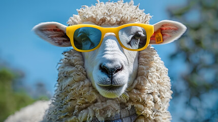 Wall Mural - Funny sheep wearing sunglasses.