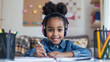 A young smiling black girl in her bedroom does homework with headphones