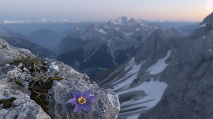 Poster -  A mountain with snow-capped peaks in the background has a valley covered in snow nearby, featuring a purple flower on the side