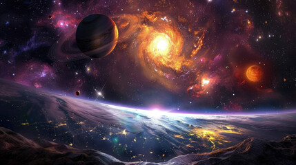 Wall Mural - a space scene displaying multiple planets and stars against a dark background, showcasing the vastne