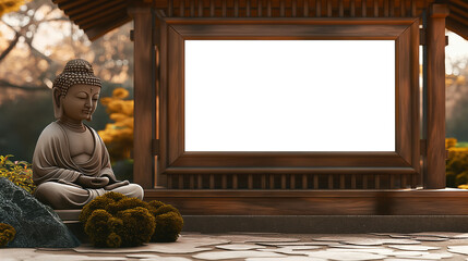 Chinese Mockup wood frame photo. Buddha statue outside on nature. Vertical boarder Mock-up. Empty board photo frame. Ai generated. Colorful PNG illustration