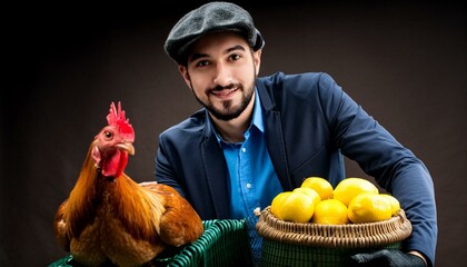 Farm Fresh Bounty: Man Holding a Chicken with Two Lemons atop a Basket