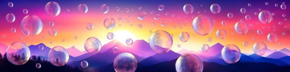 Wall Mural - Abstract holographic illustration transparent soap bubbles flying on the background of bright sunset in the mountains. Background for banner design, poster, website header, place for text.	