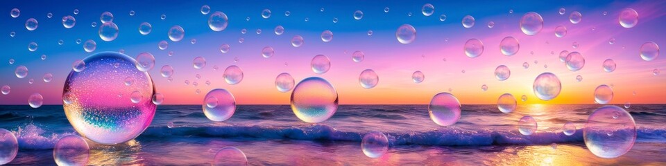 Wall Mural - Abstract midsummer holographic illustration transparent soap bubbles flying on bright sea sunset background. Background for banner design, poster, website header, place for text.	
