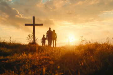 Silhouette of family looking for the cross of Jesus Christ on autumn sunrise background. Easter Sunday concept.