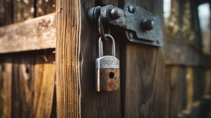 Close up of sliding bolt. Old rusty lock and latch on worn green wooden door. AI-generated