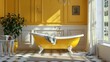 A vintage claw-foot bathtub in a sunny yellow bathroom