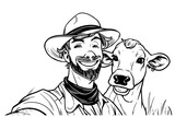 Fototapeta Dziecięca - Cow and farmer on the field illustration. Agriculture icon logo vector sketch.