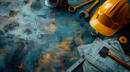 Yellow safety helmet, gloves, and tools on a grunge blue background. Construction industry and manual labor concept for design and print. Workshop flat lay with copy space