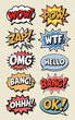 A compilation of brightly colored comic book style sound effect bubbles featuring a variety of expressions.