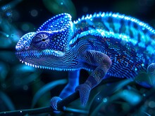 Close-up Of A Chameleon's Face Looking Into The Camera. The Lizard Is Blue Against A Dark Background. Illustration For Cover, Postcard, Interior Design, Banner, Brochure, Etc.