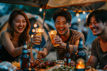 Group of Asian friends eating and camping in the forest.