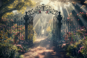 Wall Mural - A gate with a garden in front of it
