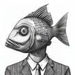 A man with a fish face is wearing a suit and tie. The image has a humorous and playful mood. Animalism. Imitation sketch print in black and white coloring. Design for cover, card, postcard or print.