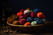 Basket containing multiple colorful balls of yarn is placed on wooden table, showcasing various textures and sizes of yarn. Balls of yarn are neatly organized and ready for use in knitting or crochet
