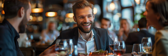 Selective focus of Group of Caucasian businessmen eating steak in restaurant.