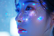 Close-up of an Asian woman's face with LED lights reflecting on her face.