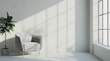 Wall Mural - minimalist interior with an armchair and plant, tranquil and airy space. simple modern home decor. l