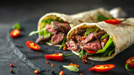 Wall Mural - Meat Burrito, Tortilla wraps with soft sliced roasted and ribeye steak, cherry tomatoes, red peppers and salad on a dark slate background.