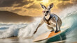 surfer kangaroo with sunglasses on surfboard rides the wave in the sea landscape at sunset,chance,good time,opportunity,vacation,sport and summer concept