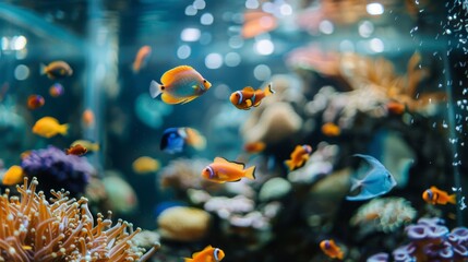 Poster - Aquarium with fish in cozy room interior. Background concept