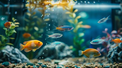 Wall Mural - Aquarium with fish in cozy room interior. Background concept