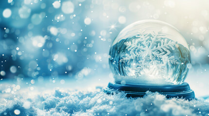 Wall Mural - A snow globe with falling snowflakes, creating an enchanting winter scene. The background is blurred to highlight the crystal ball and its delicate snowflake design in the style of no artist.


