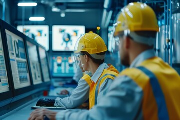 Poster - Engineers working at a control panel in industrial facility, managing workflow