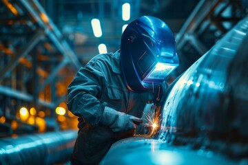 Poster - Professional welder at work in industrial environment, welding metal with precision