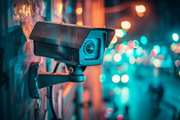 A black security camera is mounted on a wall